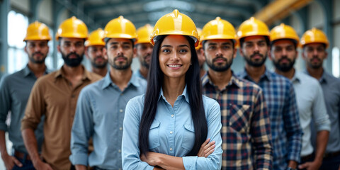 Workers in Safety Gear Group Portrait of Indian Factory Workers Wearing Safety Helmets in Industrial Setting
