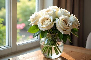 Elegant White Roses in a Glass Vase with Soft Natural Light