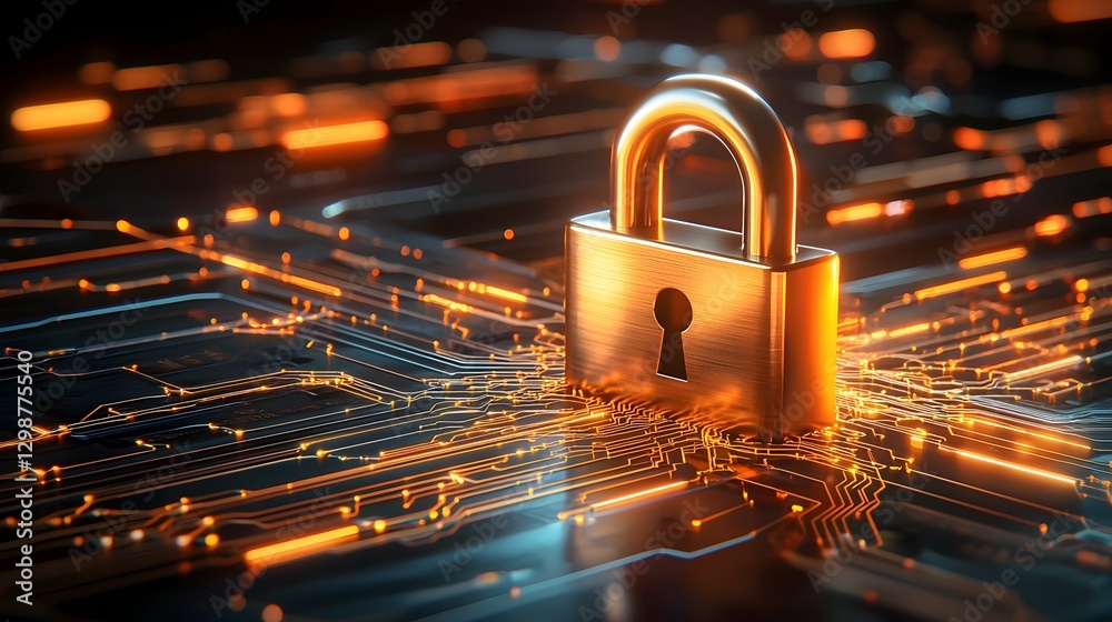 Poster Radiant Blockchain Encryption A glowing golden orange padlock at the center of a web of interconnected cyber security layers