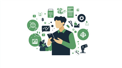 スマートフォンを使うビジネスパーソンのイラスト | デジタルツールで作業
Illustration of Business Person Using Smartphone | Working with Digital Tools