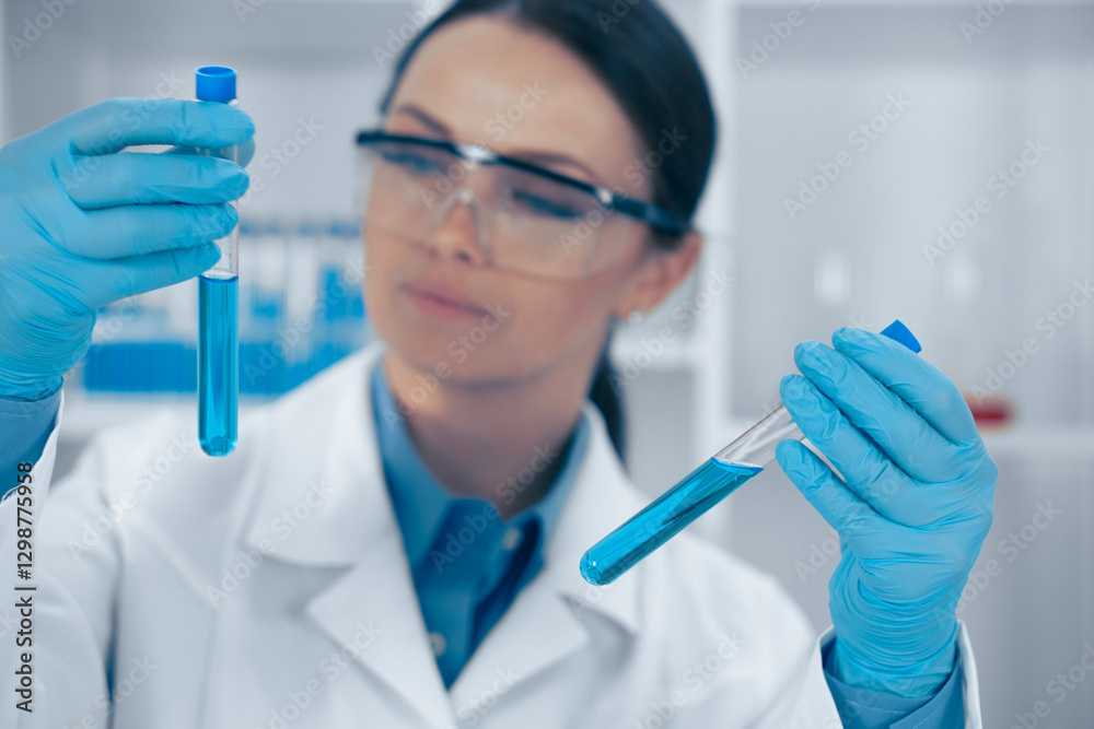 Poster a skilled scientist analyzes complex chemical solutions in a topnotch lab, prioritizing accuracy and