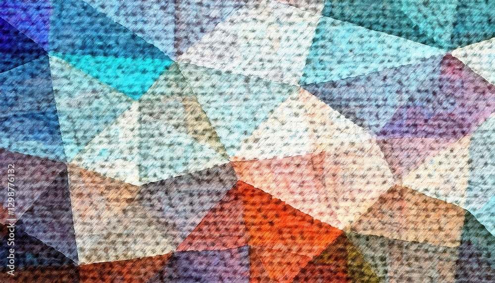 Poster textured polygonal abstract background with soft pastel and vibrant hues, resembling a painted fabri