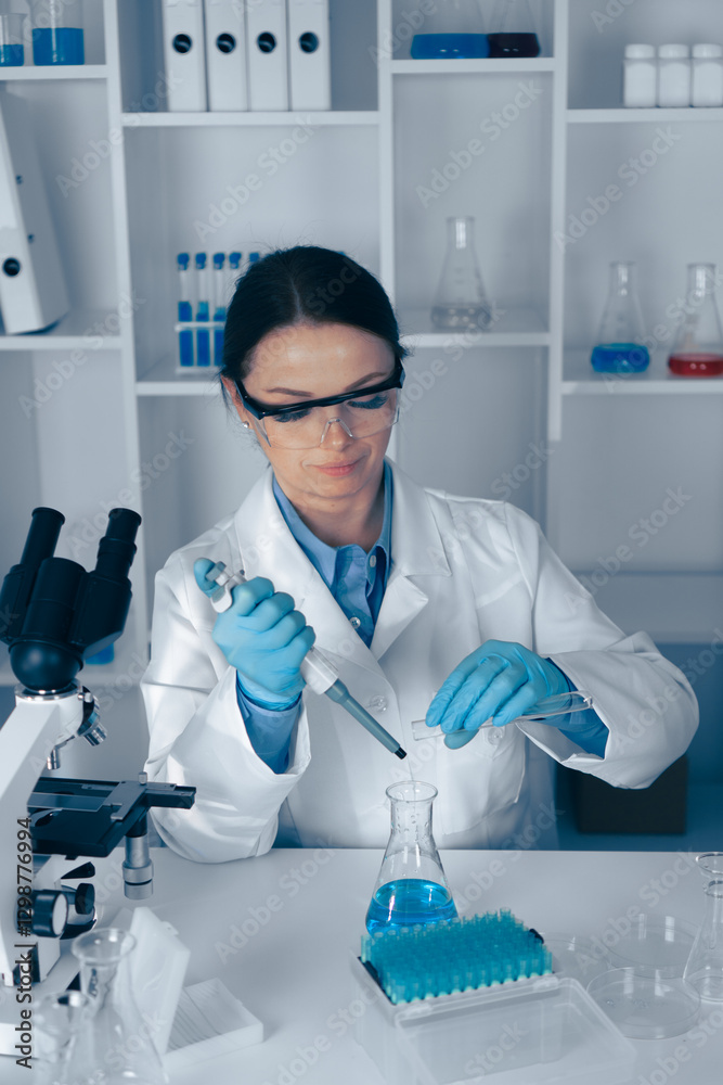 Fototapete A scientist conducts a lab experiment using a micropipette and glassware for precise measurements in biochemistry, microbiology, and healthcare, while maintaining an organized workspace for accuracy