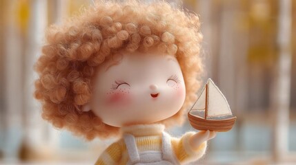 Fototapeta premium Adorable doll with curly hair holding toy sailboat in serene autumn setting