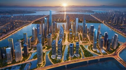 Obraz premium Aerial View of Modern City at Sunset, Skyscrapers and River, Urban Development