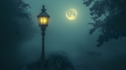 Foggy night with full moon and streetlamp