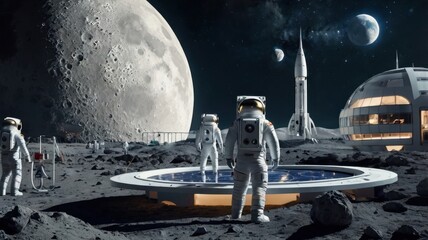 Astronauts on the Moon Exploring Futuristic Lunar Colony at Night