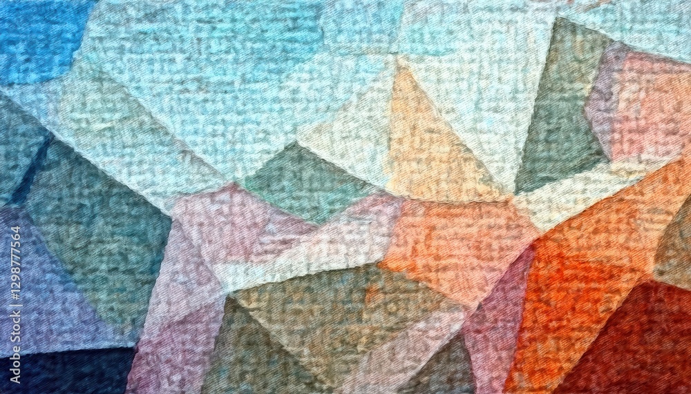 Poster textured polygonal abstract background with soft pastel and vibrant hues, resembling a painted fabri