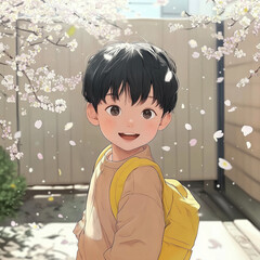 Smiling anime-style boy with a yellow backpack under cherry blossoms