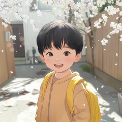Smiling anime-style boy with a yellow backpack under cherry blossoms