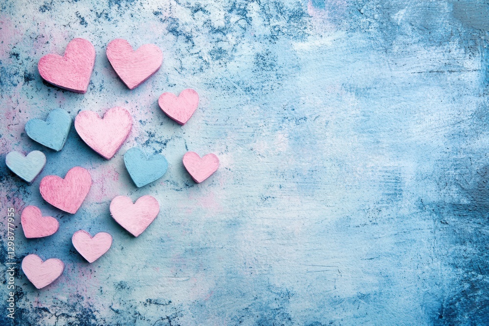 Aufkleber colorful heart shapes scattered on a textured blue surface ideal for expressing love and affection d