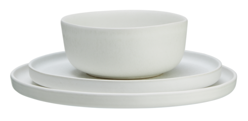Stacked white ceramic plates and cups cut out isolated transparent background