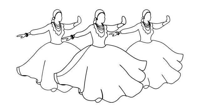 dancing women in dresses, black and white clip art preview