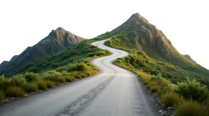 Curvy mountain road with greenery, cut out