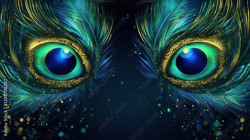 Aufkleber mesmerizing close up of vibrant peacock eyes displaying intricate feather details at night. generati