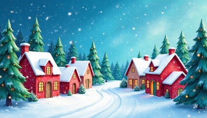 Fototapeta premium Christmas village scene with colorful watercolor houses and trees , traditional decor , holiday cheer