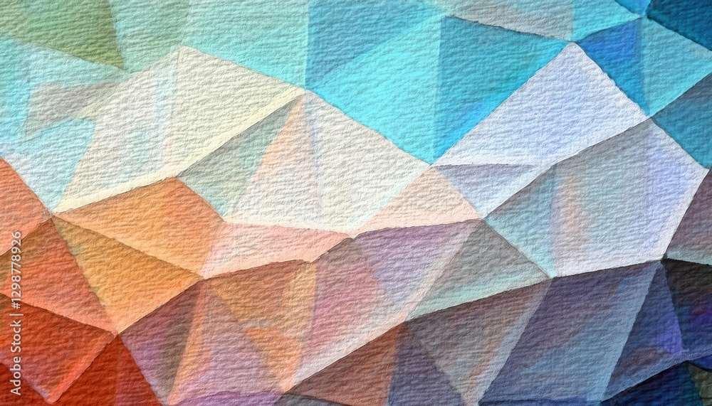 Poster textured polygonal abstract background with soft pastel and vibrant hues, resembling a painted fabri
