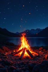 Burning coals of a bonfire under starry night sky, embers, smoke
