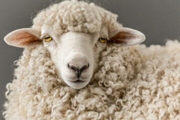 Close-up portrait of a sheep featuring its distinct facial features, dense, woolly fleece, and capturing the serene essence of livestock on a plain background.