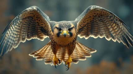 Majestic falcon gliding through the air with wings wide open near a forest