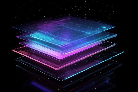 cascading data visualization with 3d holographic charts floating in dark space, neon blue and purple elements highlighting key metrics, translucent layers showing depth of analysis - Powered by Adobe