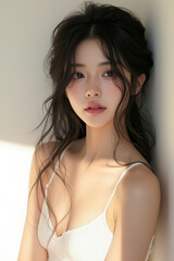 Asian Female in Studio Setting - Young Woman on White Background with Soft Shadows - Styled Long Hair - Portrait of Eastern Beauty for Fashion or Cosmetic Model - Photoshoot Modelling