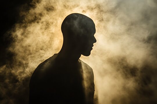 Silhouette of a bald man in smoky, golden light.