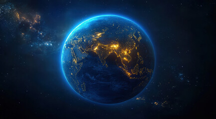 Fototapeta premium The view showcases Earth glowing in blue and yellow lights, emphasizing cities and continents against a dark backdrop