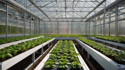 Fototapeta premium Futuristic Greenhouse Interior with Rows of Lush Green Vegetables
