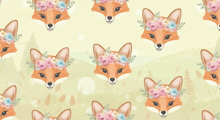Obraz premium Charming Fox Head Pattern with Floral Crown on Soft Green Background