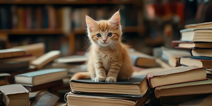 Ginger Kitten Sitting on Books in a Library Setting Portrait - Powered by Adobe