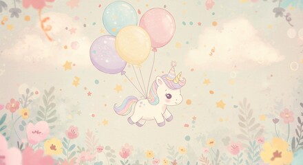 Charming Unicorn with Balloons Floating in a Whimsical Floral Sky
