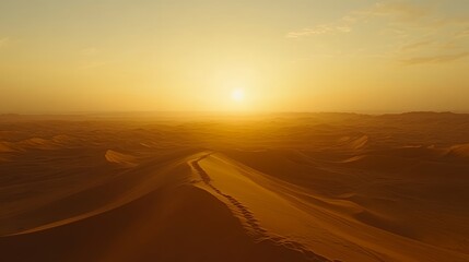 Stunning sunset over golden sand dunes in a serene desert landscape.