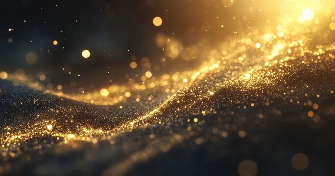 Shimmering Golden Particles on a Dark Background Creating an Ethereal and Dreamlike Effect in a Magical Natural Landscape
