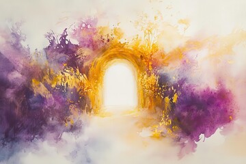 Obraz premium christ's resurrection depicted in vibrant watercolor splashes of gold, purple and white, with ethereal light emanating from empty tomb, surrounded by translucent color washes