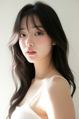 Naklejka premium Asian Female in Studio Setting - Young Woman on White Background with Soft Shadows - Styled Long Hair - Portrait of Eastern Beauty for Fashion or Cosmetic Model - Photoshoot Modelling