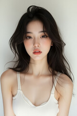 Fototapeta premium Asian Female in Studio Setting - Young Woman on White Background with Soft Shadows - Styled Long Hair - Portrait of Eastern Beauty for Fashion or Cosmetic Model - Photoshoot Modelling