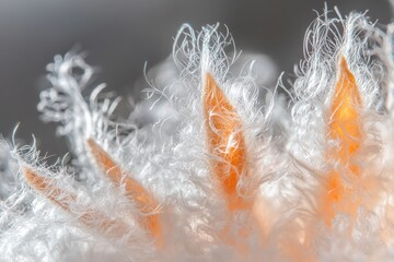 A mesmerizing macro shot showcases the intricate structure of seed pod fibers with an orange hue, revealing a delicate and abstract textile pattern.