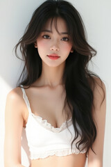 Asian Female in Studio Setting - Young Woman on White Background with Soft Shadows - Styled Long Hair - Portrait of Eastern Beauty for Fashion or Cosmetic Model - Photoshoot Modelling