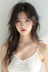 Fototapeta premium Asian Female in Studio Setting - Young Woman on White Background with Soft Shadows - Styled Long Hair - Portrait of Eastern Beauty for Fashion or Cosmetic Model - Photoshoot Modelling