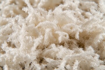 Detailed macro shot of fluffy white filling, showcasing its soft, cloud-like texture with intricate fiber details, ideal for warmth and comfort in various applications.