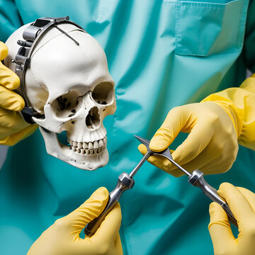 Close-up of the hands of surgeons holding pliers and suction, during trepanation of the skull.