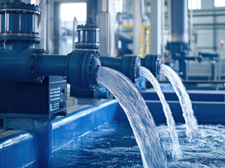 Water streams from multiple pipes into a reservoir, showcasing the active process of water management in an industrial setting