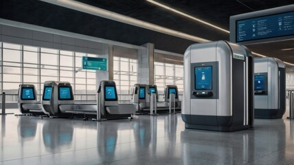 Modern Airport Terminal with Biometric Security Kiosks
