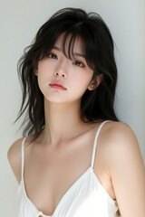 Fototapeta premium Asian Female in Studio Setting - Young Woman on White Background with Soft Shadows - Styled Long Hair - Portrait of Eastern Beauty for Fashion or Cosmetic Model - Photoshoot Modelling