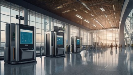 Modern Airport Terminal with Biometric Security Kiosks and Bright Sunlight
