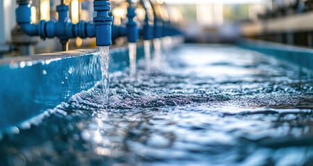 Interior view of a treatment plant with multiple channels of flowing water and distribution pipes actively processing water