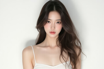 Asian Female in Studio Setting - Young Woman on White Background with Soft Shadows - Styled Long Hair - Portrait of Eastern Beauty for Fashion or Cosmetic Model - Photoshoot Modelling