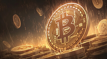 Bitcoin crash, Crypto price drop sell-off. Golden Bitcoin coin surrounded by floating cryptocurrency symbols in a futuristic setting.