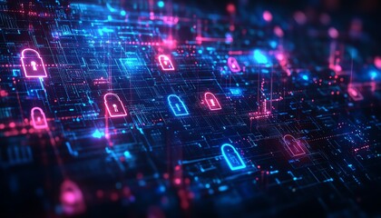Obraz premium Illustration of a hightech security network featuring digital padlocks, representing data security, network protection, and a safe cyberspace in a futuristic business context